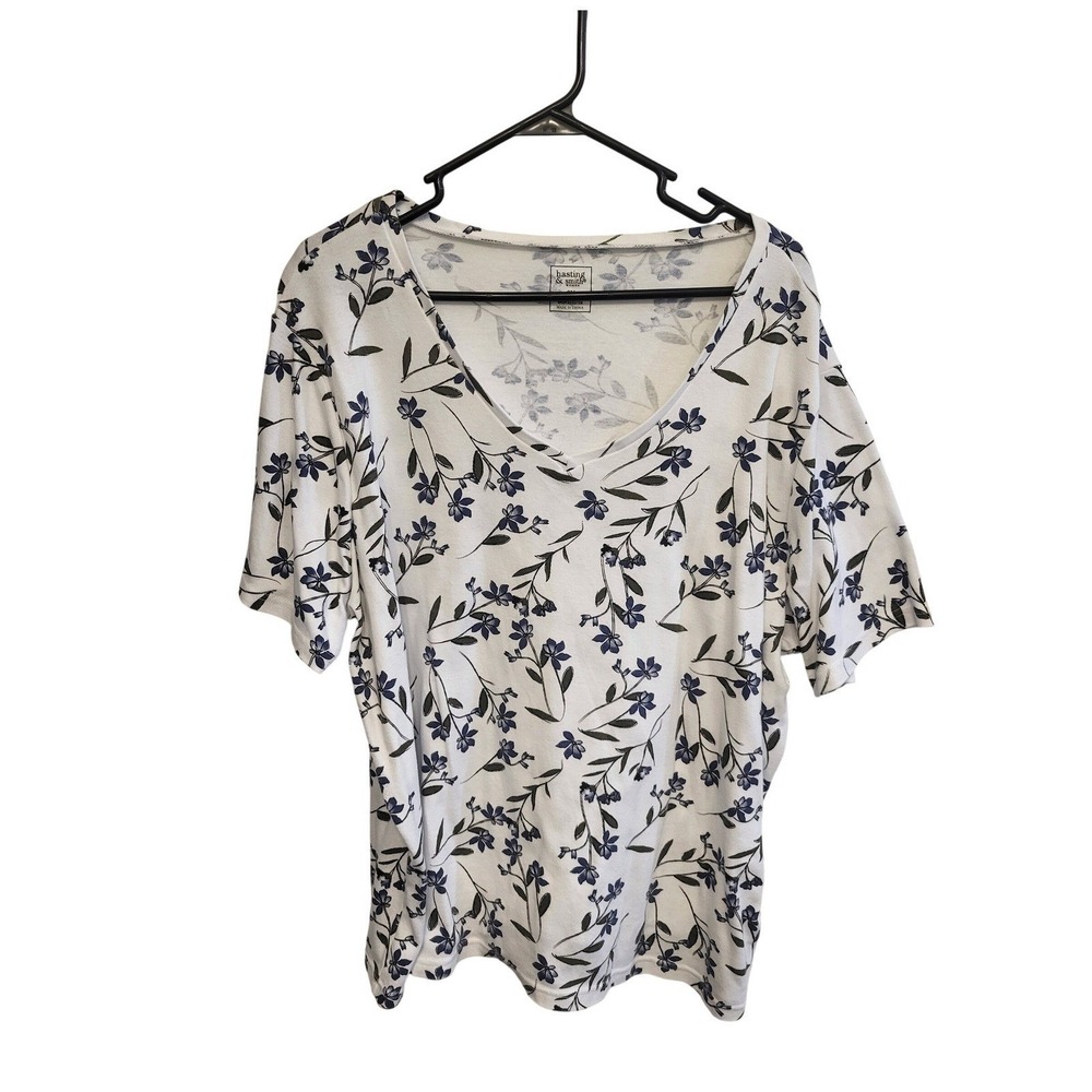 Hasting & Smith Floral T-Shirt Womens 2X White V-Neck Short Sleeve Botanical